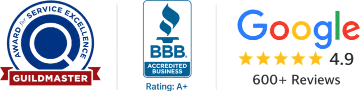 Guildmaster Award for Service Excellence, BBB Accredited Business rated A+, and 4.9 stars on Google from 600+ reviews