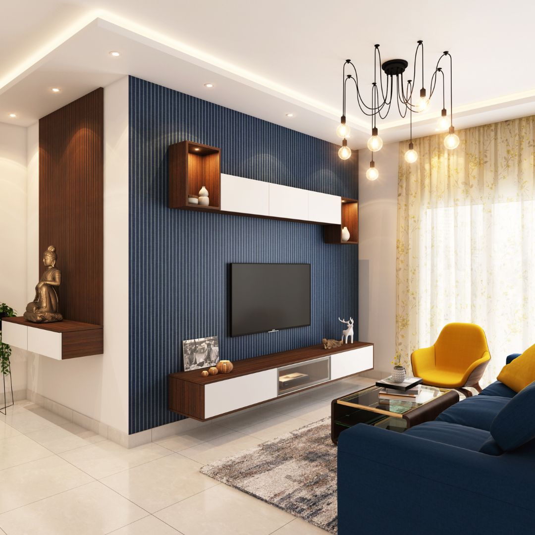 Living room with brown and blue accent walls